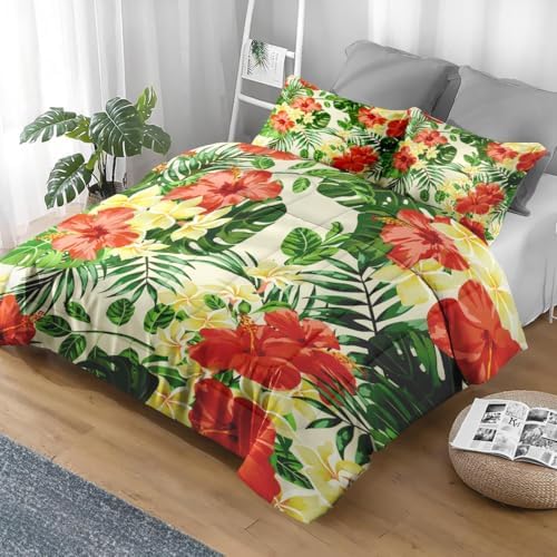 Pamnest Comforter Set Queen Size Hibiscus Monstera Palm Leaf