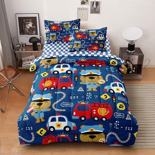 SIRDO Kids Cop Car Comforter Set for Little Boys