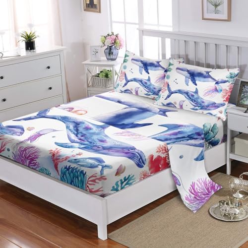 Whale Jellyfish Shark Sea Creature Sheet Set 4Pcs Queen
