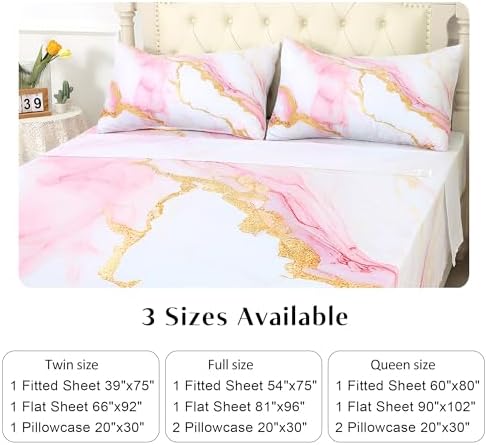 EDGZKO Pink Marble Twin Bed Sheet Set 3PC
