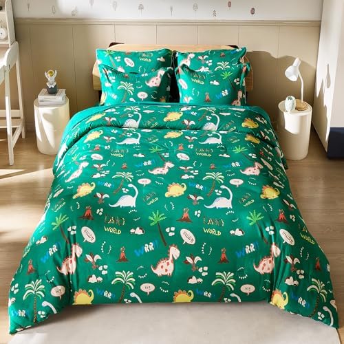MORAIS Queen Comforter Set 7-Piece Green Dinosaur Kids Bedding
