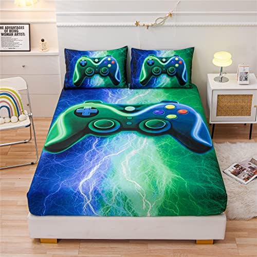 Meeting Story Gamer Gaming Fitted Sheet Set - 3pcs Blue-Green Twin