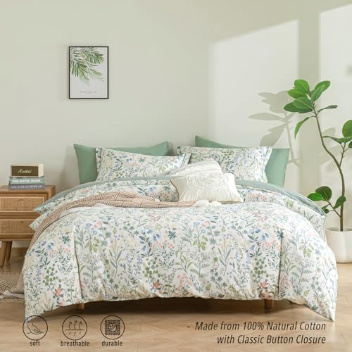 LEMIROE 100 Cotton Floral Duvet Cover Set Queen 3PC