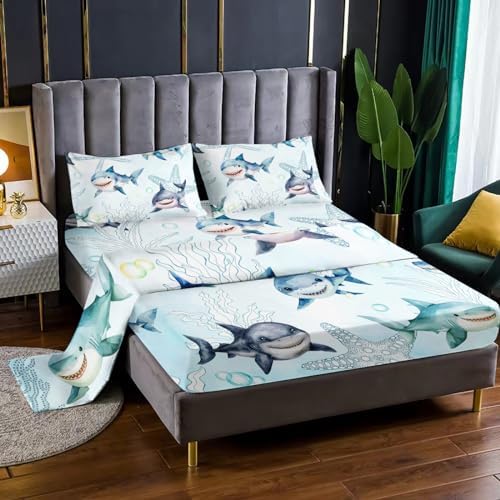 Boys Ocean Shark Fitted Sheet Set 4Pcs Twin Size