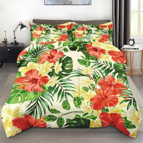 Pamnest Comforter Set Queen Size Hibiscus Monstera Palm Leaf