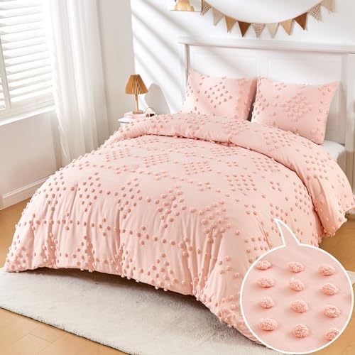 VIVILINEN 3-Piece Pink Boho Comforter Set with Pom Pom Tufts