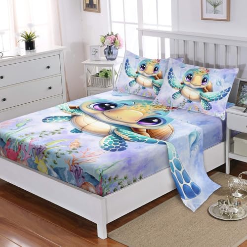 Turtle Pattern Twin Sheet Set 4Pcs Ocean Life Kids Bedding