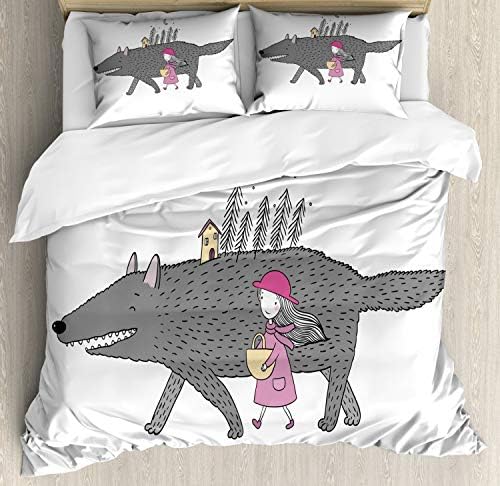 Ambesonne Fantasy Duvet Cover Set with Wolf and House Design