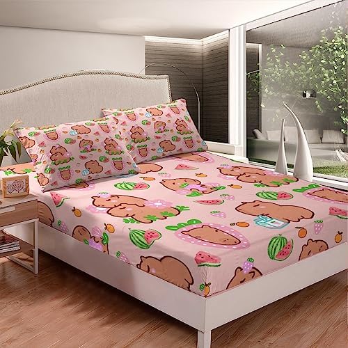 Capybara Lover Fitted Sheet Set Twin Pink