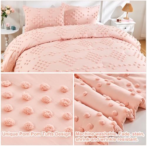 VIVILINEN 3-Piece Pink Boho Comforter Set with Pom Pom Tufts