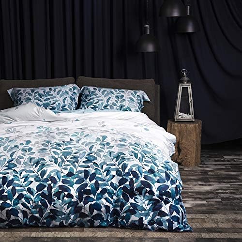 MILDLY 100 Cotton Duvet Cover Set Navy Blue Leaves Print