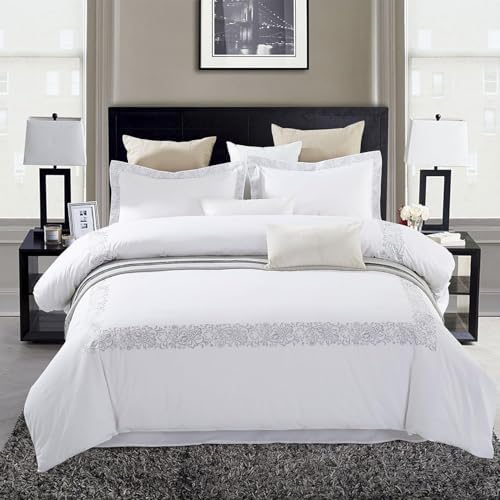 Superior Embroidered Cotton Duvet Cover Set FullQueen White