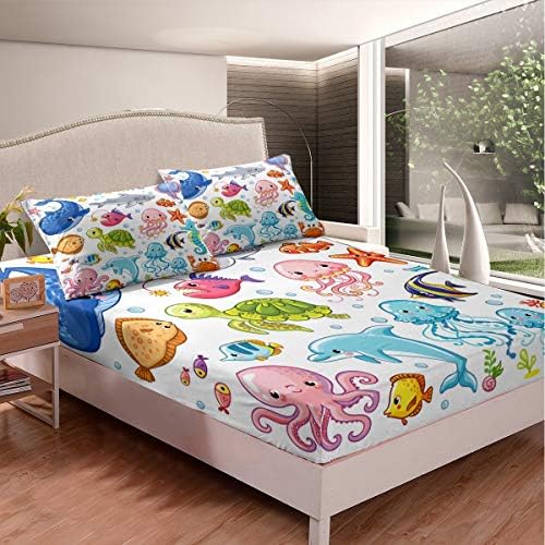 Kids Dolphin Fitted Sheet Set Twin Size Ocean Animal Bedding
