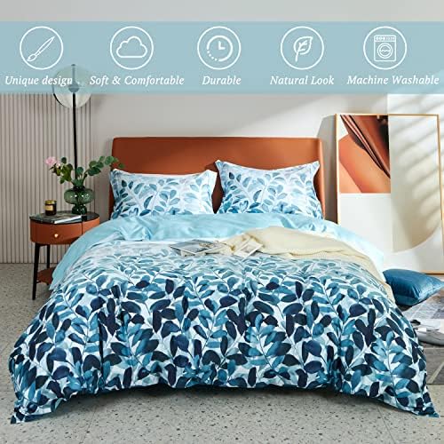 MILDLY 100 Cotton Duvet Cover Set Navy Blue Leaves Print