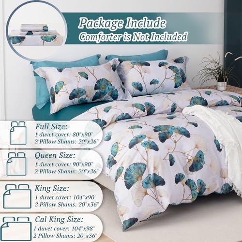 MILDLY 100 Long-Staple Cotton Duvet Cover Set Teal Green Gingko Leaf Pattern