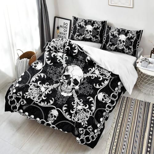 AILONEN Goth Skull Duvet Cover Set Queen Size 3-Piece