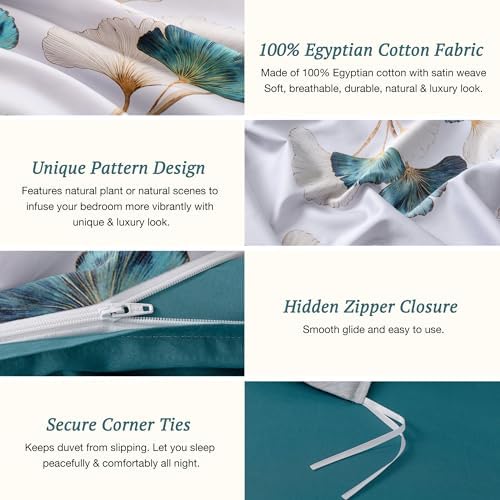MILDLY 100 Long-Staple Cotton Duvet Cover Set Teal Green Gingko Leaf Pattern
