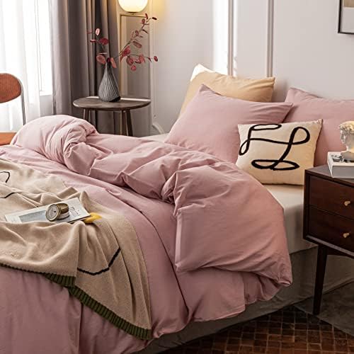 Janlive Washed Cotton Duvet Cover Twin Set Dusty Pink
