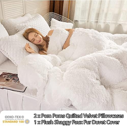 LIFEREVO Shaggy Duvet Cover Set with Pom Poms Pillowcases