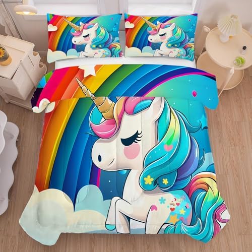 FUYEUN Rainbow Unicorn Comforter Set Queen Size