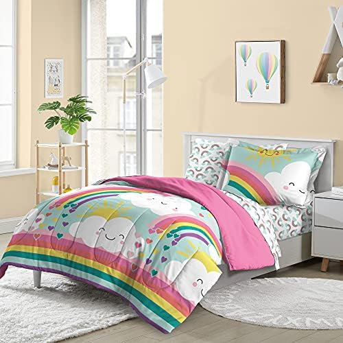 Dream FACTORY Kids 5-Piece Microfiber Bed Set Twin Teal Rainbow Flare