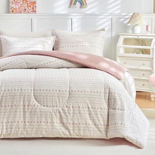 Joyreap 3pcs Pink Flower Stripes Comforter Set for Girls