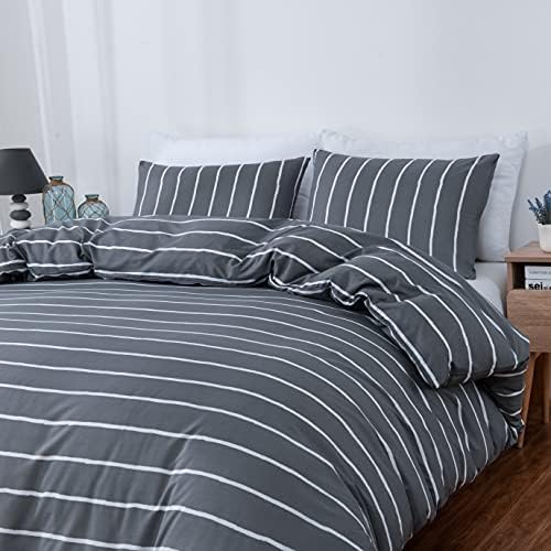 HSKIKWN Gray White Striped Duvet Cover Set Queen 3PCS