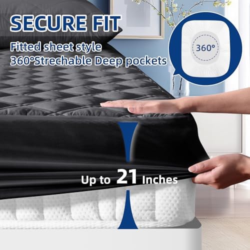 MEELUS Queen Mattress Protector Waterproof Breathable Soft Cooling Deep Pocket Black