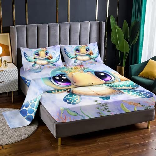 Turtle Pattern Twin Sheet Set 4Pcs Ocean Life Kids Bedding
