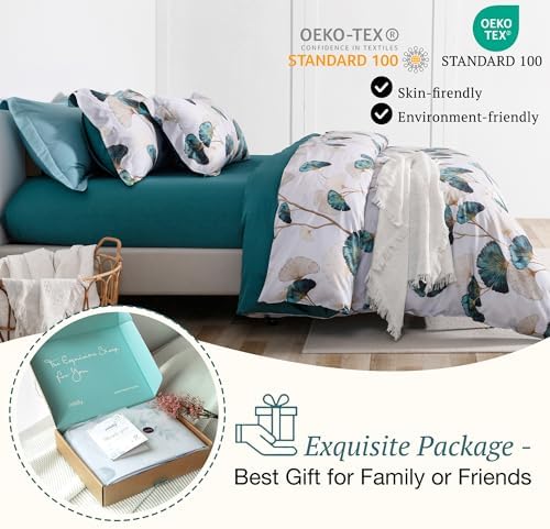 MILDLY 100 Long-Staple Cotton Duvet Cover Set Teal Green Gingko Leaf Pattern