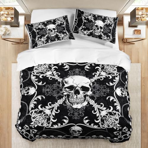 AILONEN Goth Skull Duvet Cover Set Queen Size 3-Piece