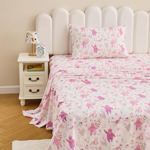 Gogreen Kids Bed Sheet Set Twin Size 3PCS Pink Bear Microfiber