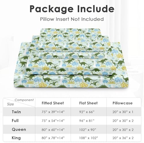 Pamnest Twin Size Bed Sheet Set with Green Dinosaur Print