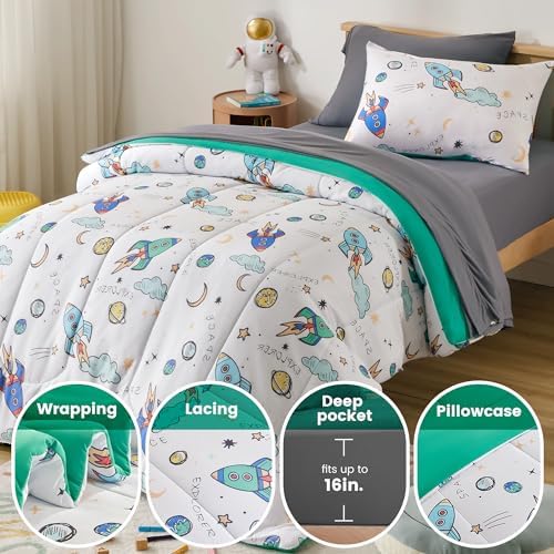 SLEEP ZONE Kids Comforter Set with Rocket Design