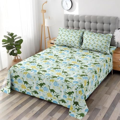 Pamnest Twin Size Bed Sheet Set with Green Dinosaur Print
