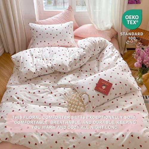 Erwinmu Girls King Comforter Set - 3 Piece Heart Print Bedding