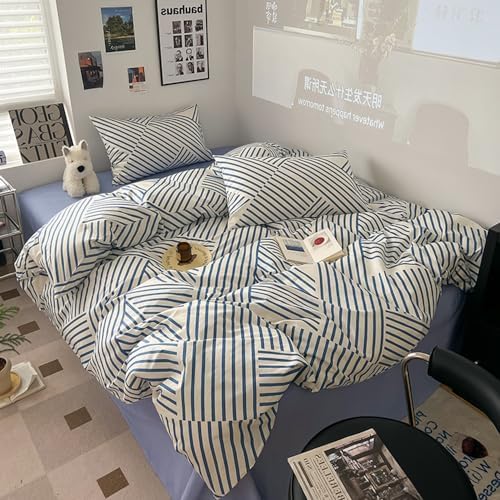 VM VOUGEMARKET Blue Stripes Duvet Cover Set 3 Piece Queen