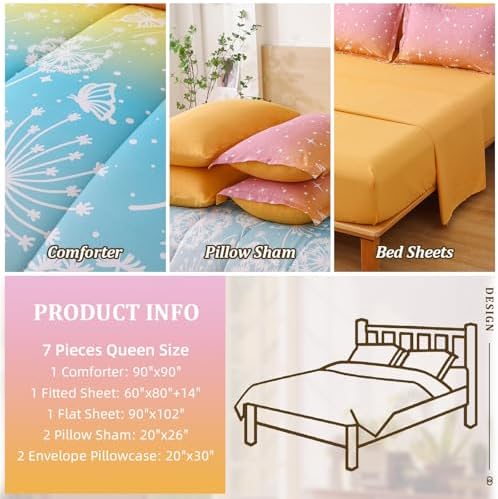 Menghomeus Queen 7-Piece Comforter Set Dandelion Butterfly Print