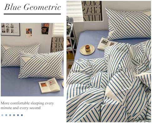 VM VOUGEMARKET Blue Stripes Duvet Cover Set 3 Piece Queen