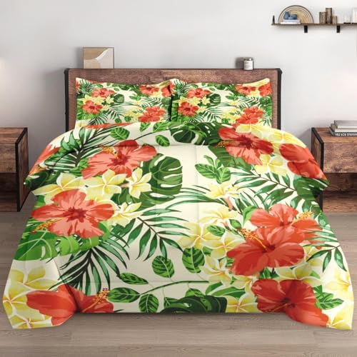Pamnest Comforter Set Queen Size Hibiscus Monstera Palm Leaf