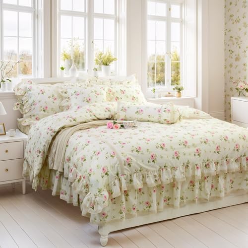FADFAY Rosette Floral Duvet Cover Set for Girls 3 Piece Twin