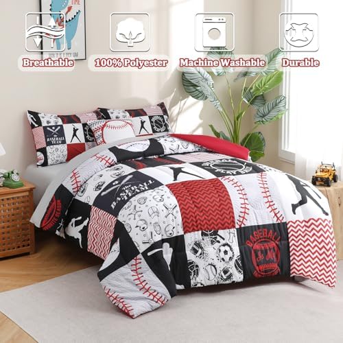 6 Pcs Baseball Bedding Set for Boys Kids Teens