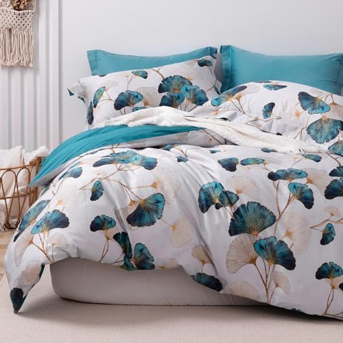 MILDLY 100 Long-Staple Cotton Duvet Cover Set Teal Green Gingko Leaf Pattern