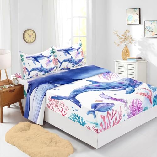 Whale Jellyfish Shark Sea Creature Sheet Set 4Pcs Queen