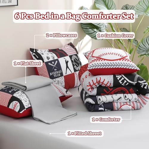 6 Pcs Baseball Bedding Set for Boys Kids Teens