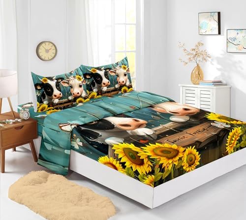 Cute Cow Print Fitted Sheet Set 4Pcs for Boys Teens Adults