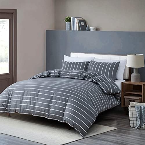 HSKIKWN Gray White Striped Duvet Cover Set Queen 3PCS