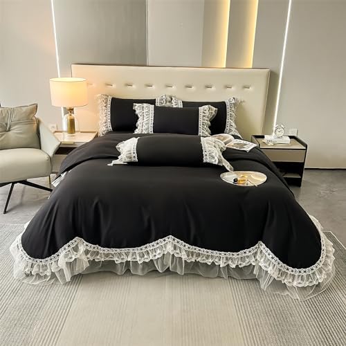 MOOWOO Chic Ruffle Lace Duvet Cover Set - Black Twin 2 Piece