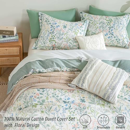 LEMIROE 100 Cotton Floral Duvet Cover Set Queen 3PC