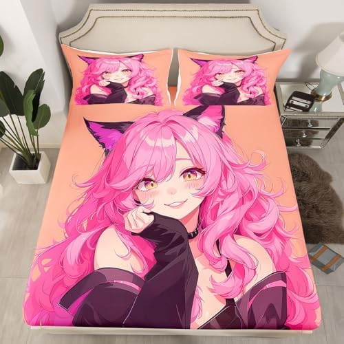 Anime Girl Fitted Sheet Set with Furry Ears and Pink Hair